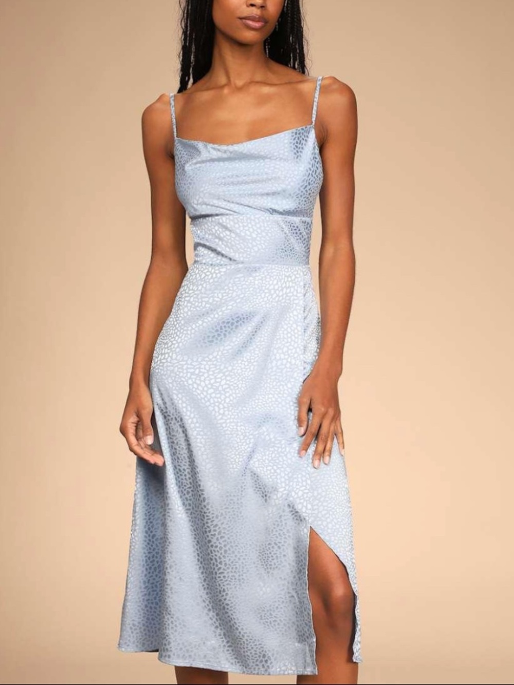Lulus Fiercely Chic Light Blue Satin Jacquard Cowl Midi Dress Size S
